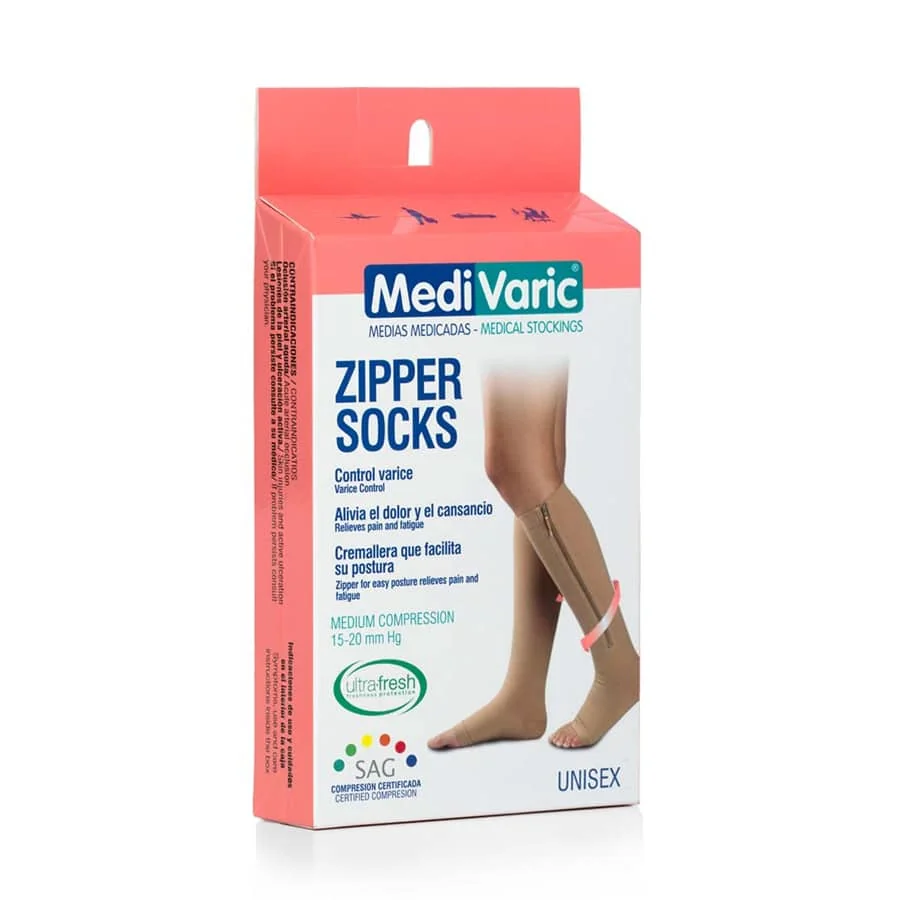 Medias de Compresión Mediana – Unisex Rodilla Dedos Libres Con Cierre 15-20 mmHg